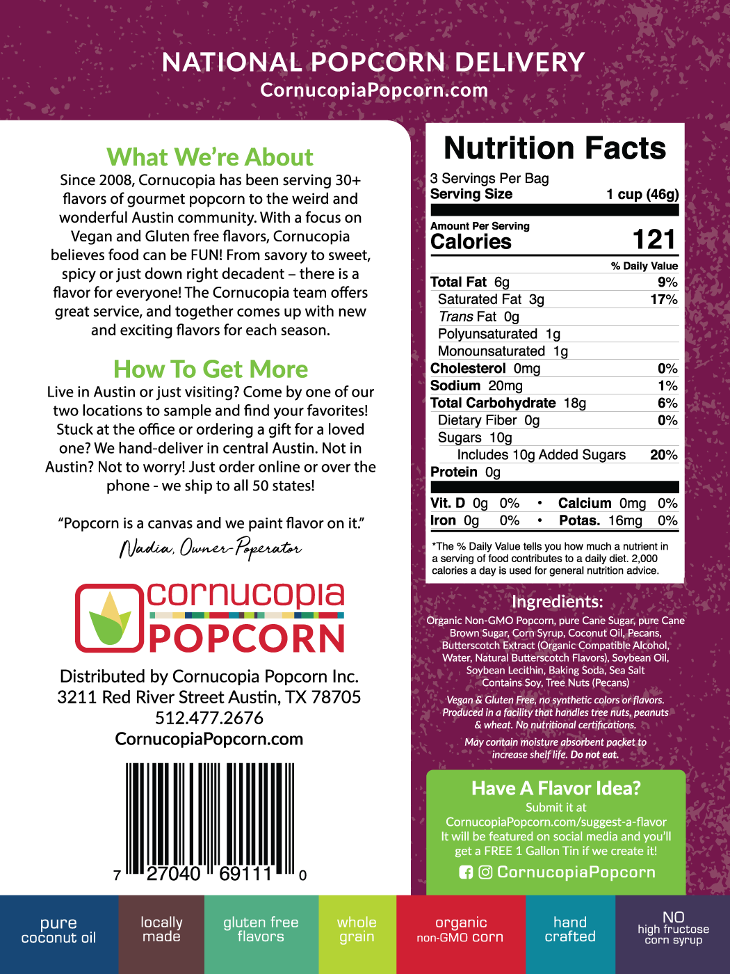 Cornucopia Popcorn - TX Butter Pecan Popcorn (V & GF) Signature Bag
