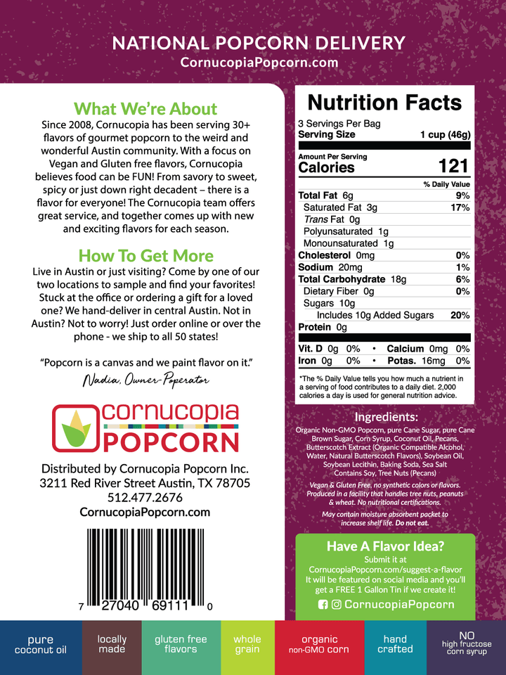 Cornucopia Popcorn - TX Butter Pecan Popcorn (V & GF) Signature Bag